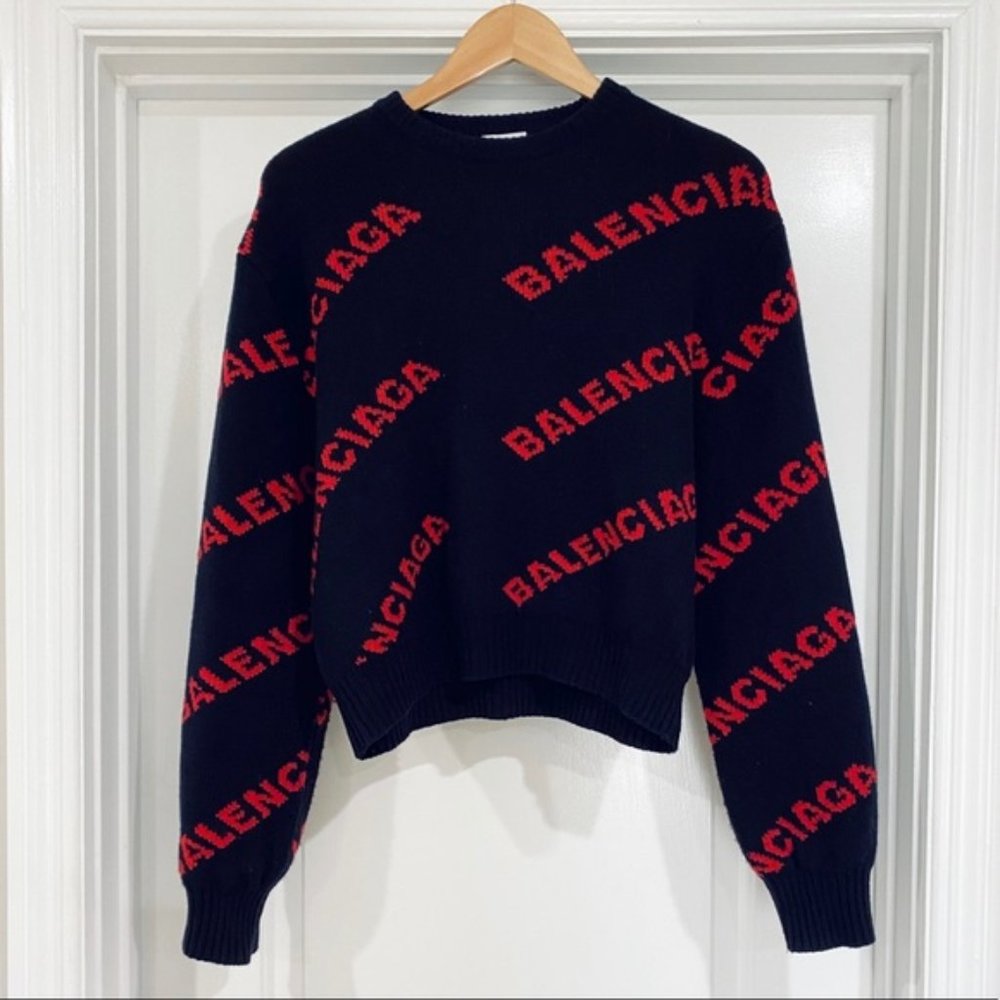 Balenciaga Navy Blue Red Logo Intarsia Sweater L
